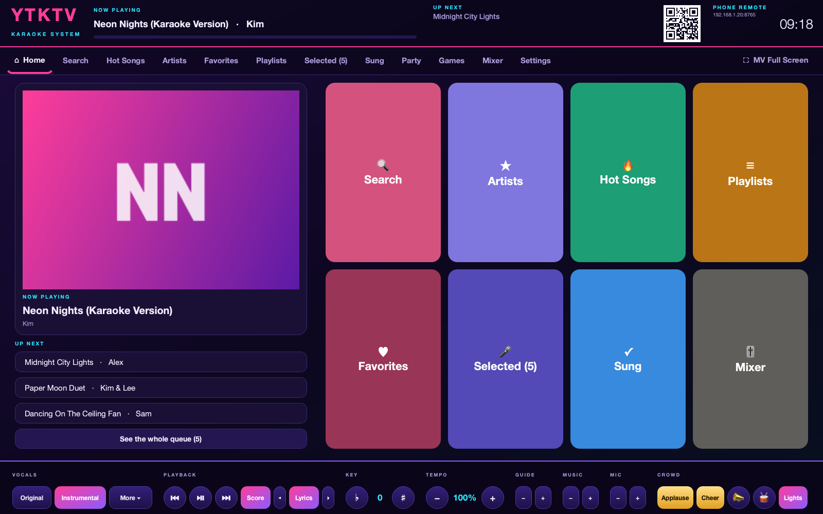 The console home: now playing, up next and big tiles for every feature