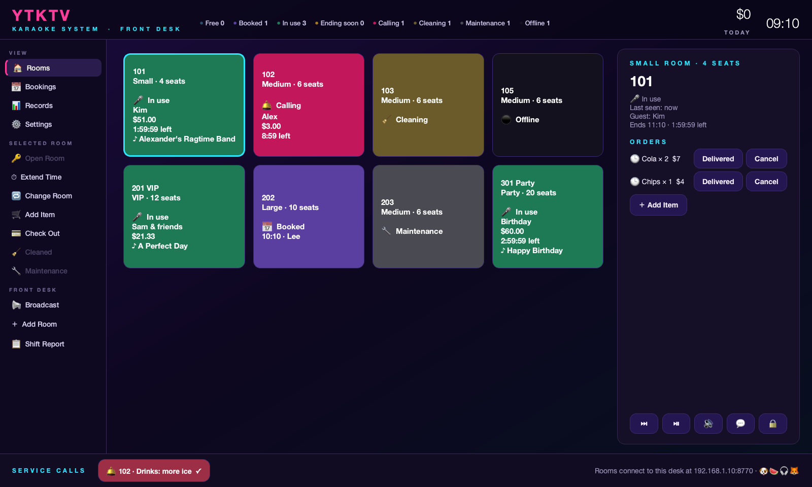 YTKTV Desk: a board of rooms with their status, guest, time left, spend and song