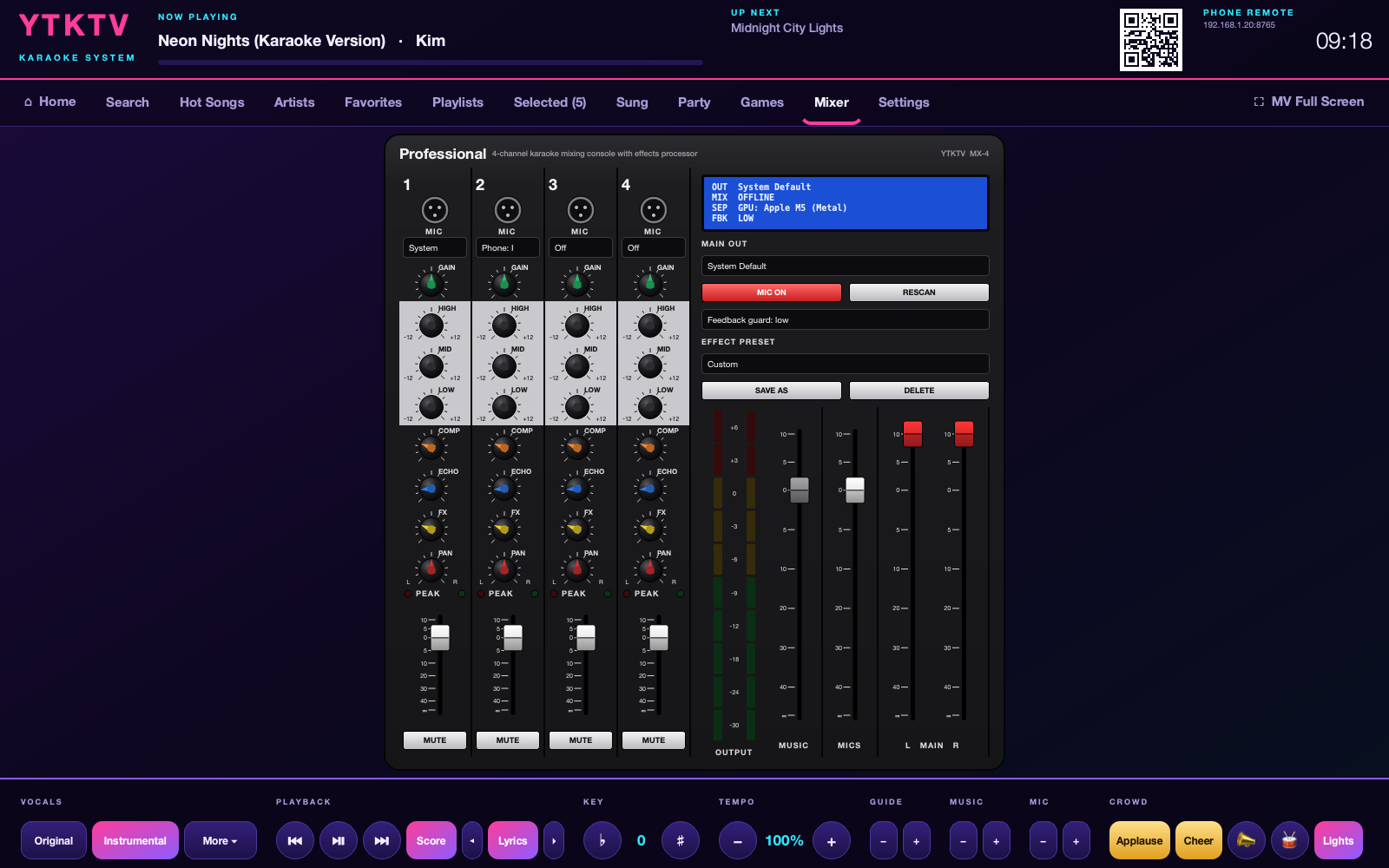 The mixing console with four channel strips