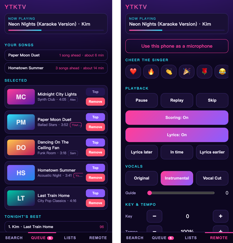 The phone page with your songs, tonight's best and the remote